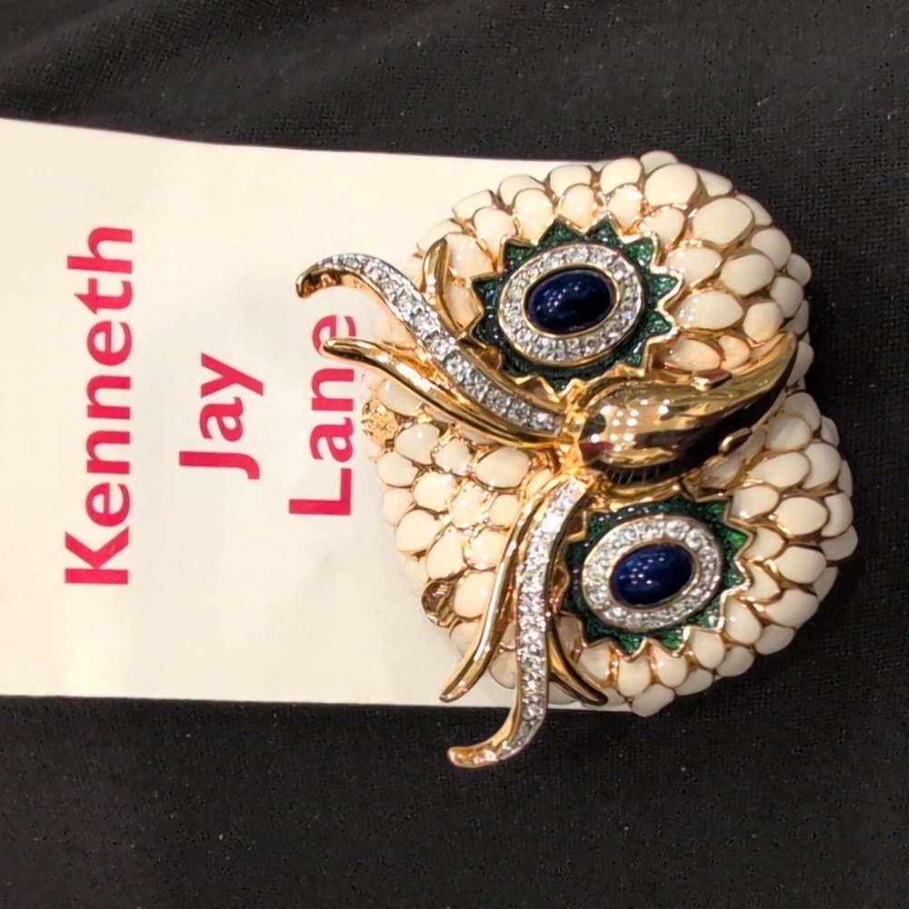 Kenneth Jay Lane Cream Enamel Owl Brooch with Blue and Green Accents - Picture 2 of 7